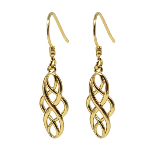 Gold-plated Celtic knot dangle earrings on sterling silver hooks