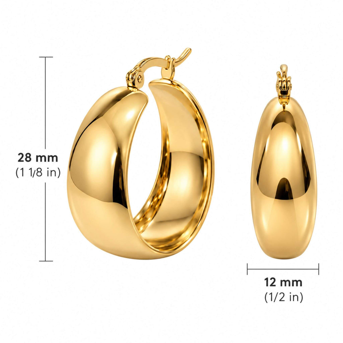 Gold chunky hoop earrings dimensions showing 28mm height and 12mm width