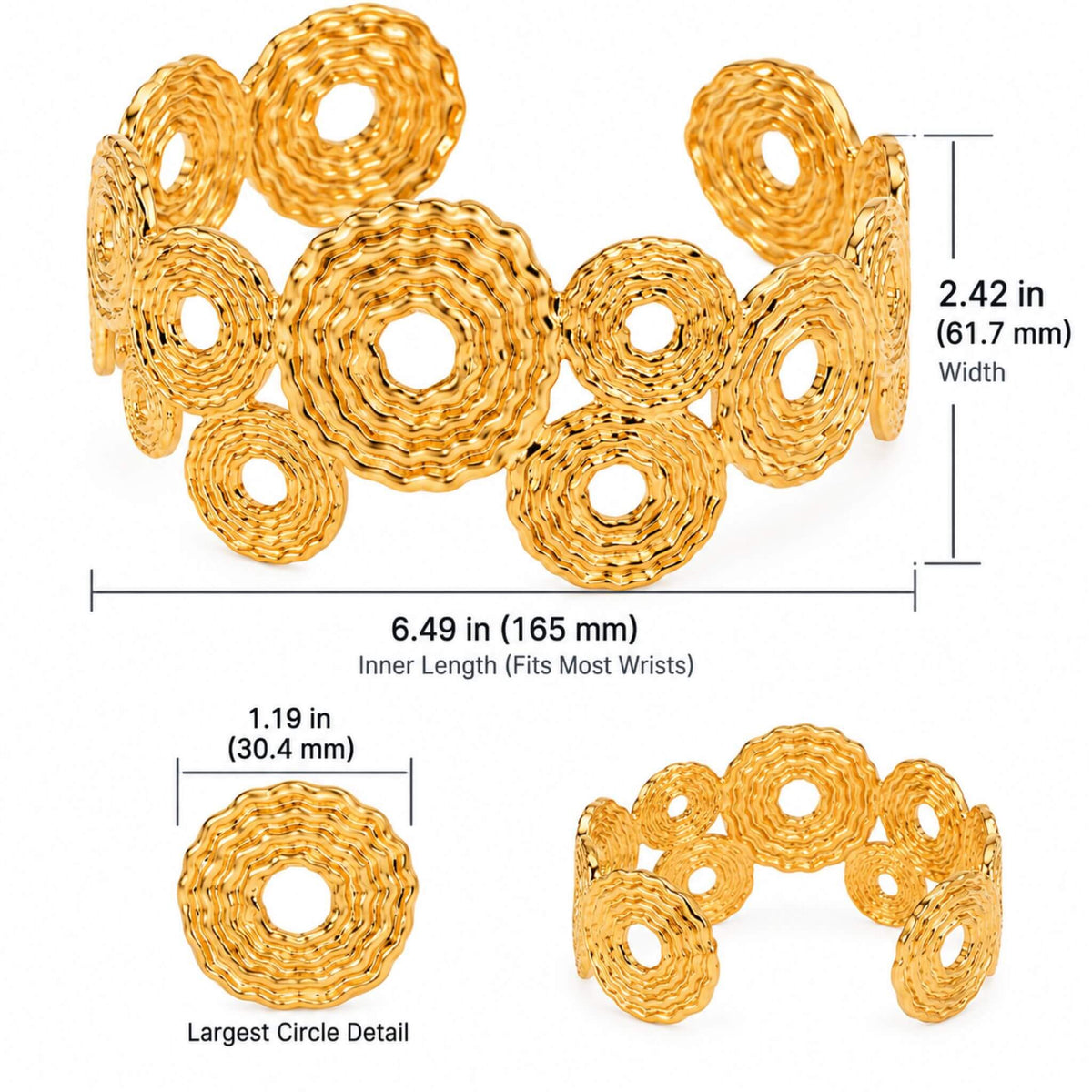 Gold textured circle cuff bracelet dimensions showing 6.49 inch length, 2.42 inch width and 1.19 inch largest circle