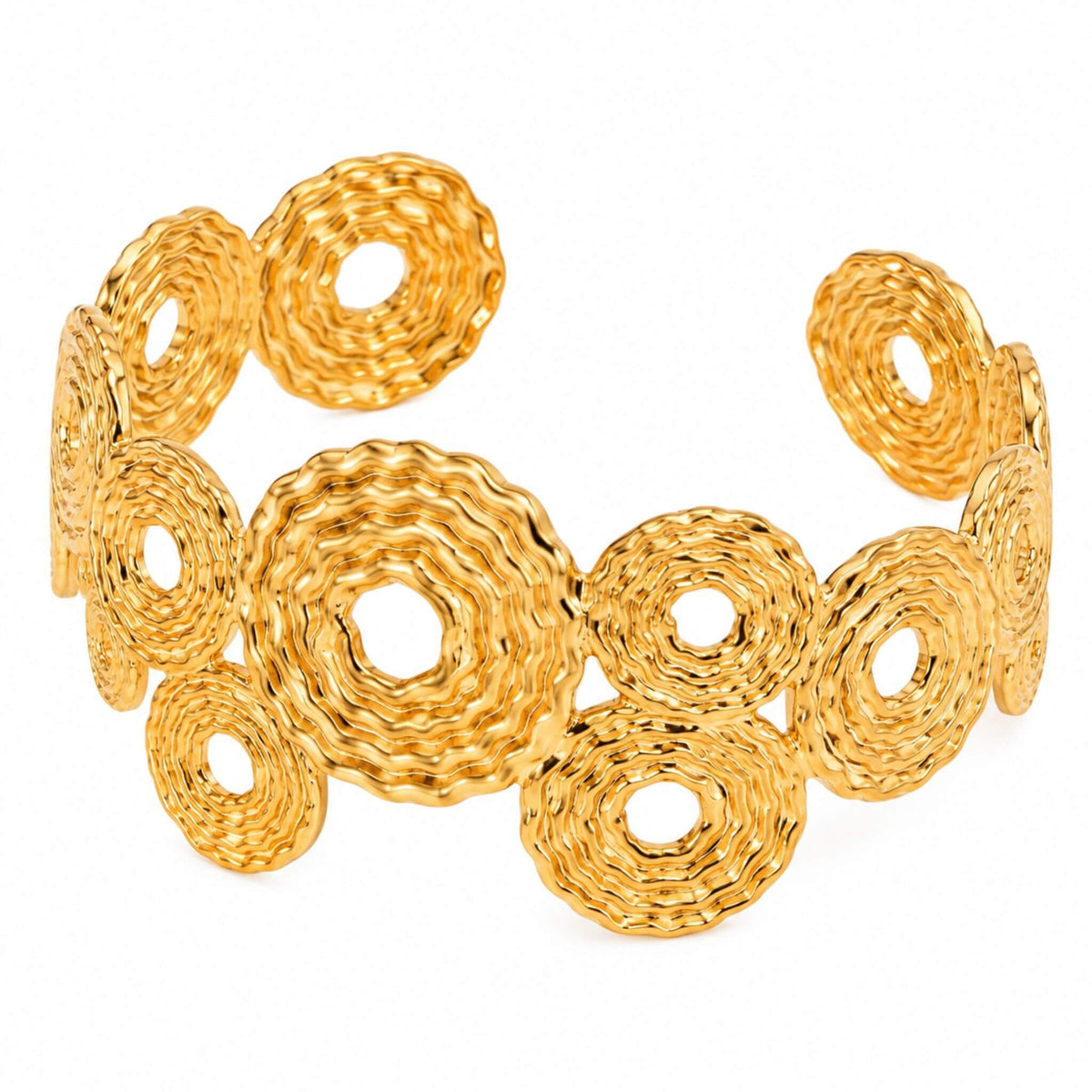 Gold cuff bracelet for women with textured circle design in 18K PVD gold plated stainless steel