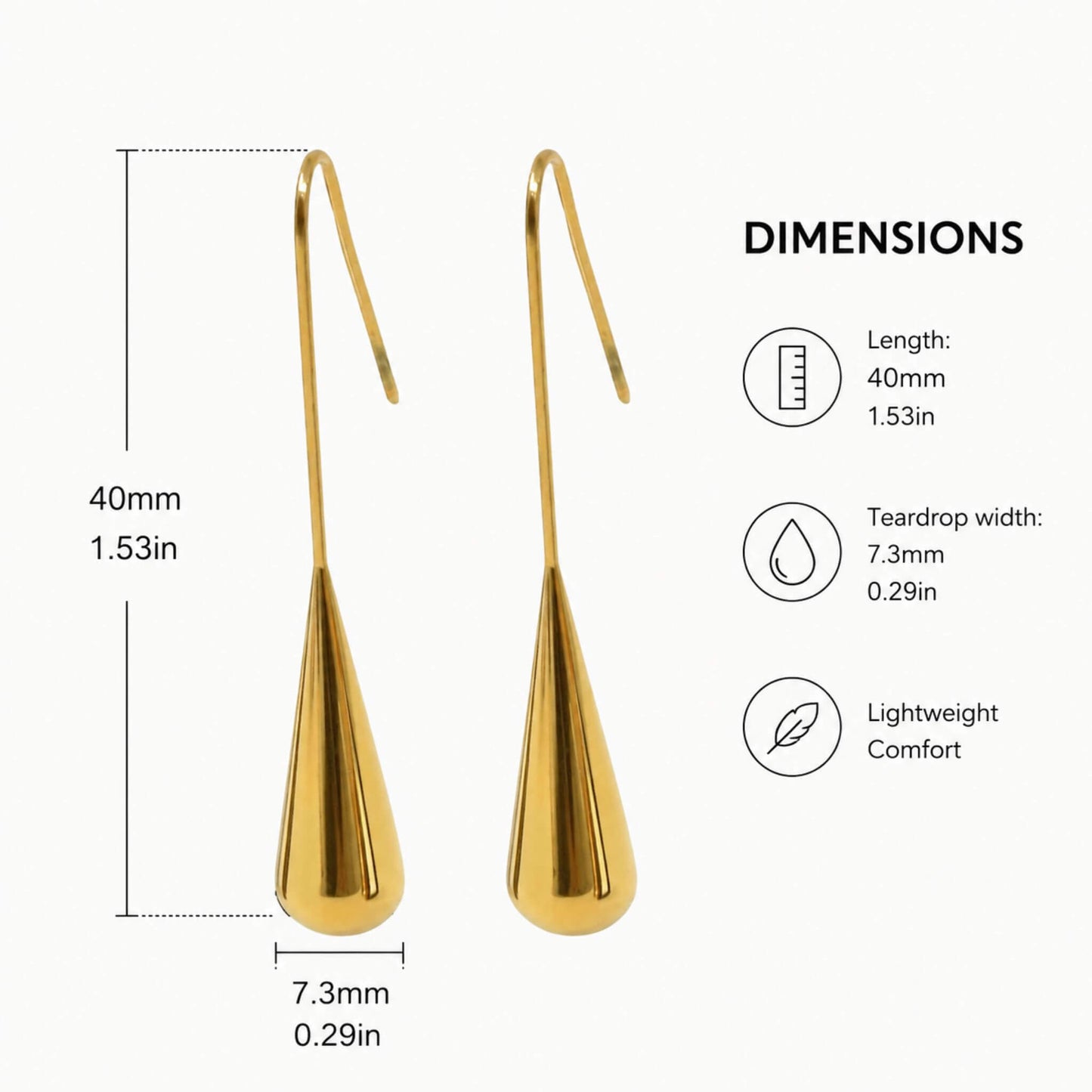 Dimensions of 18K gold plated gold dangle earrings measuring 40 mm long with a 7.3 mm polished teardrop design.