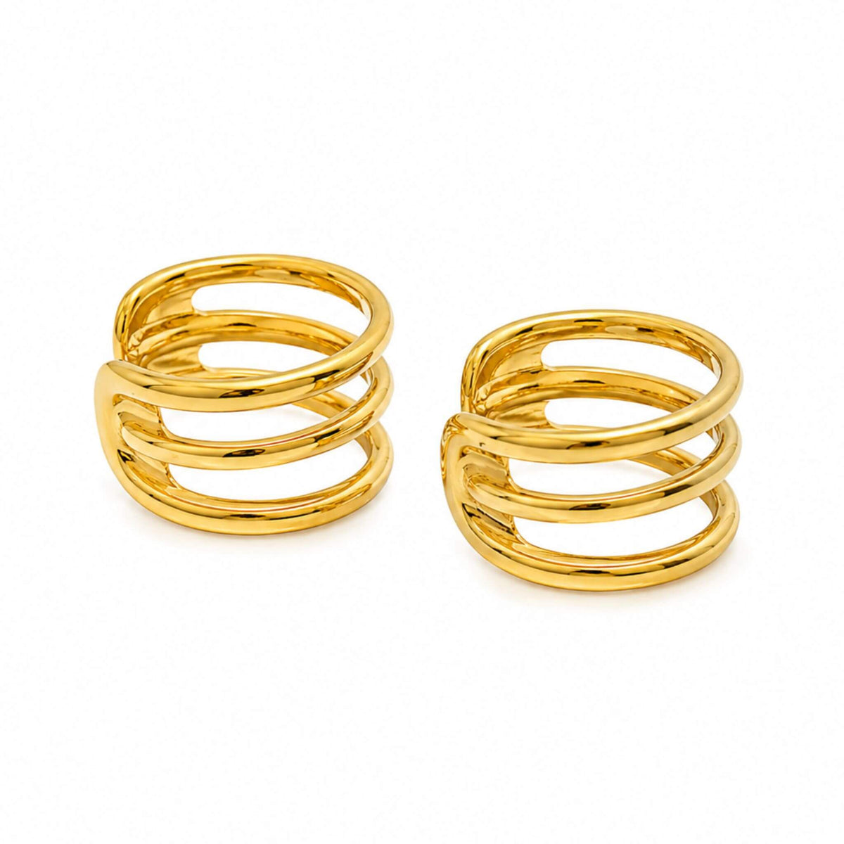Pair of 18K gold plated 925 sterling silver gold ear cuff earrings on a white background with a non-piercing adjustable design.