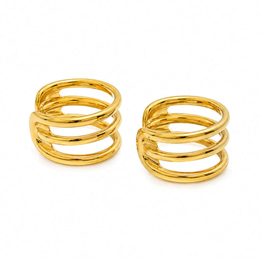 Pair of 18K gold plated 925 sterling silver gold ear cuff earrings on a white background with a non-piercing adjustable design.