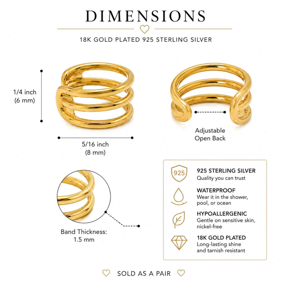 Dimensions of 18K gold plated 925 sterling silver gold ear cuff earrings showing 8 mm width, 6 mm height, adjustable open back, and non-piercing design.