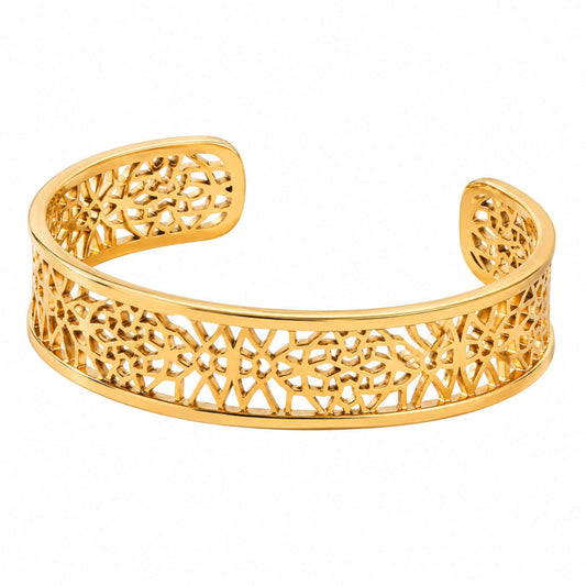18K PVD gold plated filigree cuff bracelet for women with intricate openwork design