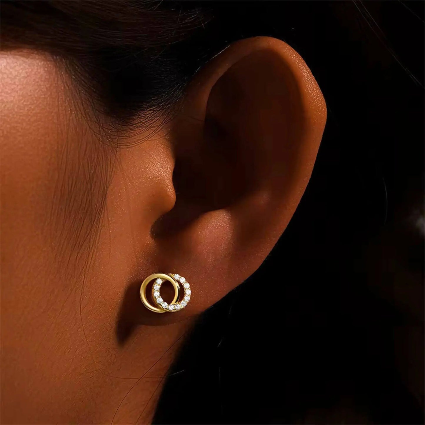 Gold Plated Minimalist Hoop Earrings for Women - 14K Gold Hollow Circle Studs with Diamond-Simulant Zirconia