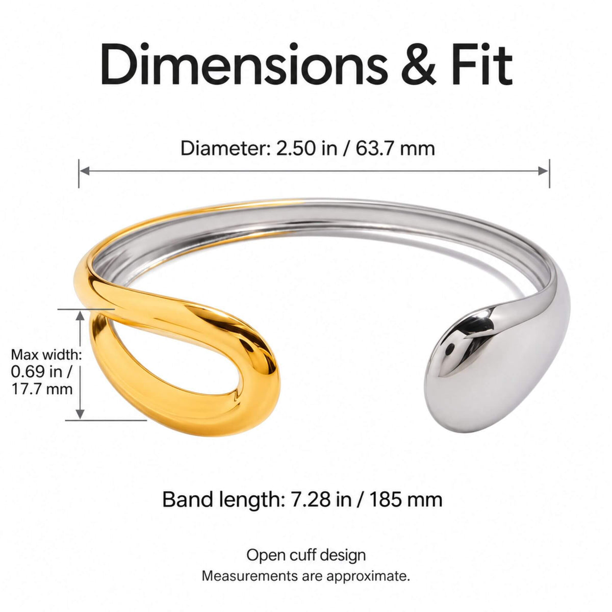 Gold and silver cuff bracelet size guide showing approximate diameter of 2.50 inches, maximum width of 0.69 inches, and band length of 7.28 inches.