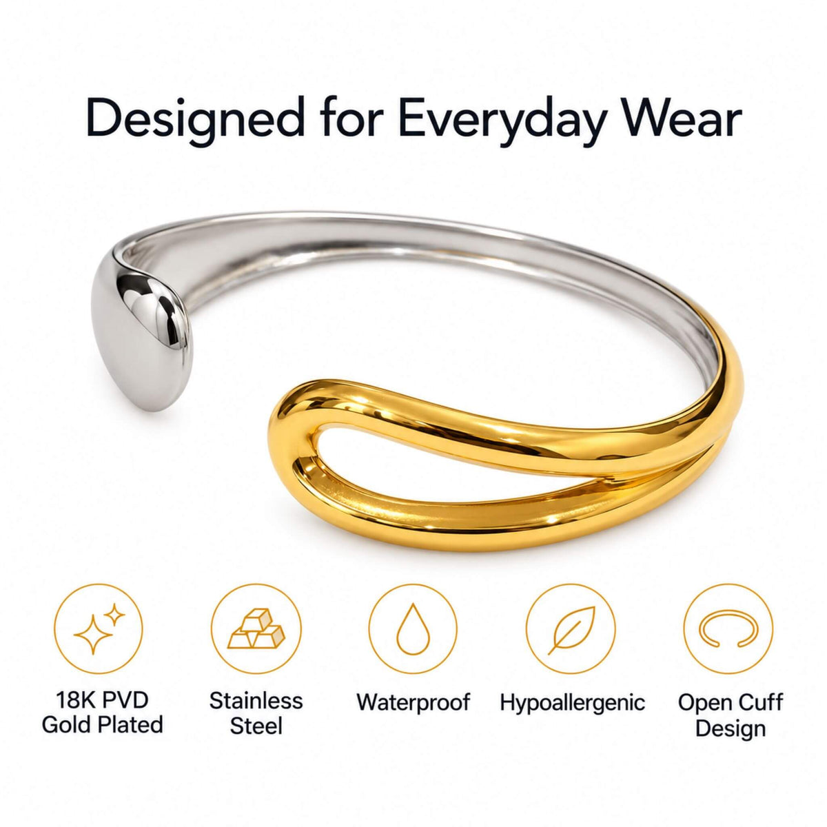 Two-tone cuff bracelet features: 18K PVD gold plating, stainless steel, waterproof, hypoallergenic, and open cuff design.