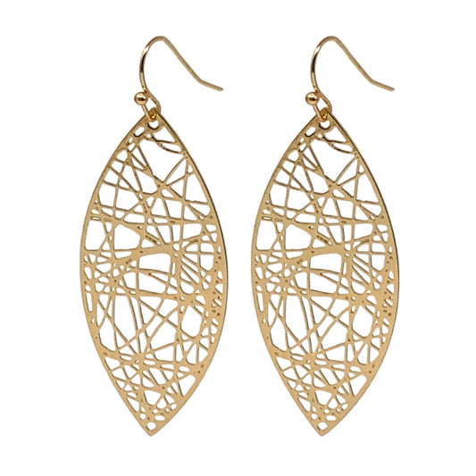 Gold teardrop earrings, 2.25 inches long, with a unique random line design.