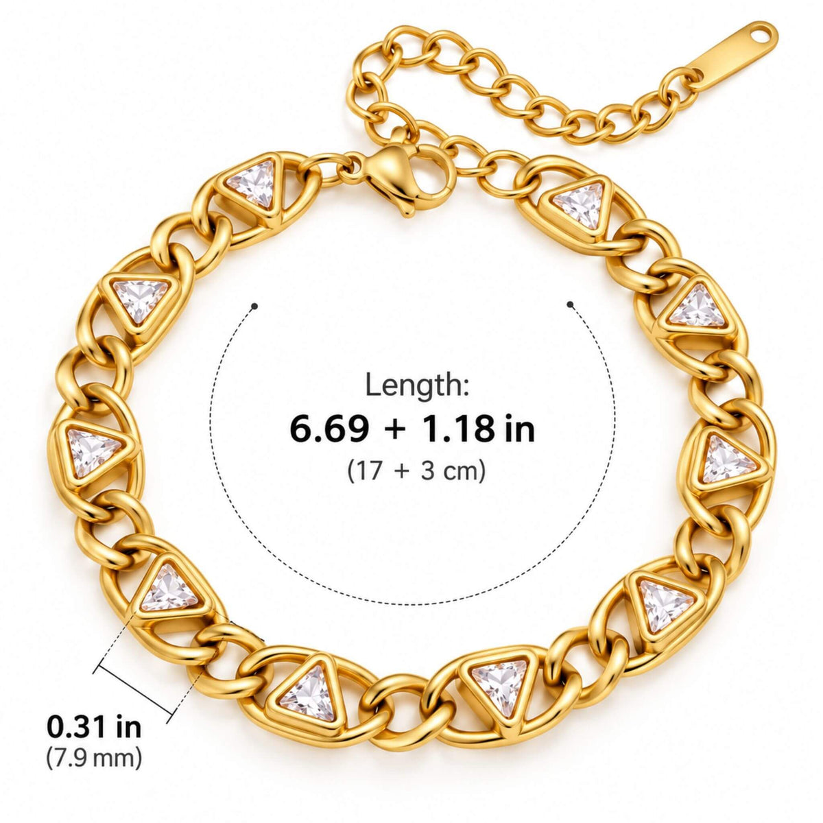 Gold tennis bracelet dimensions showing 6.69 inch length plus 1.18 inch extender and 7.9 mm width