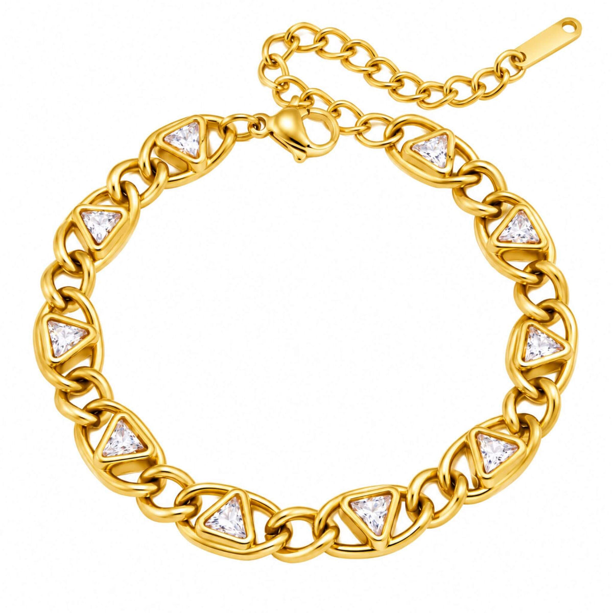 Gold tennis bracelet for women with triangular white zircon stones and 18K PVD gold plated stainless steel chain