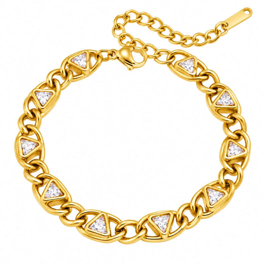 Gold tennis bracelet for women with triangular white zircon stones and 18K PVD gold plated stainless steel chain