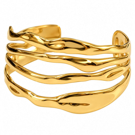 Gold wave cuff bracelet for women in 18K PVD gold plated stainless steel with an open multi-band design