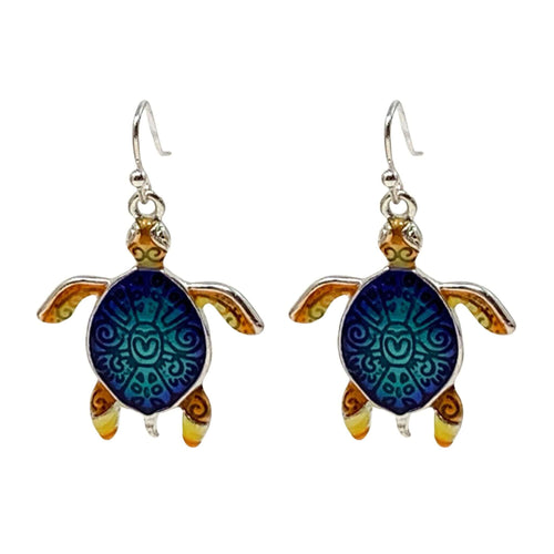 Hand-painted sea turtle dangle earrings in vibrant colors
