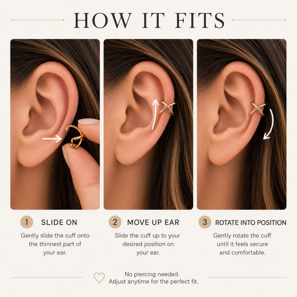 Step-by-step instructions showing how to slide on, position, and rotate the 14K gold plated 925 Sterling Silver Cross Knot Ear Cuff without a piercing.
