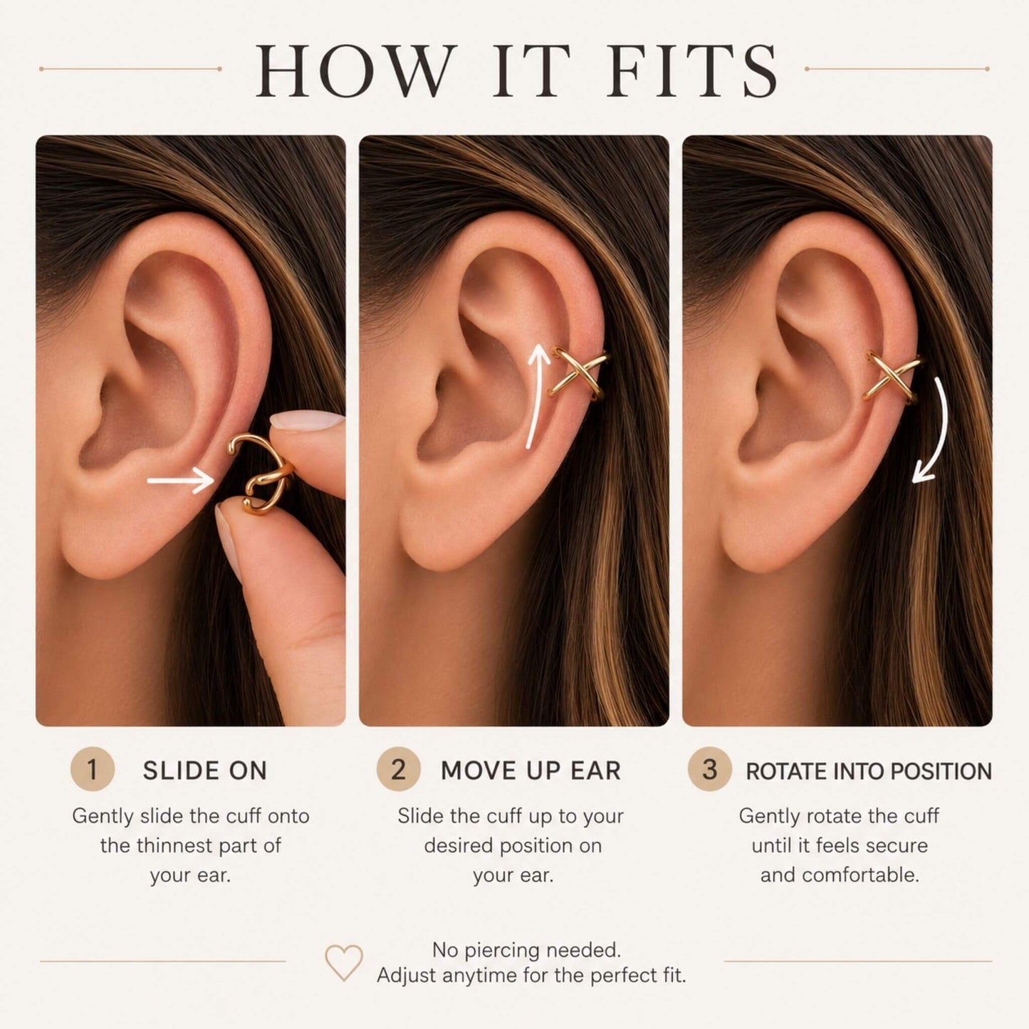 Step-by-step instructions showing how to slide on, position, and rotate the 14K gold plated 925 Sterling Silver Cross Knot Ear Cuff without a piercing.