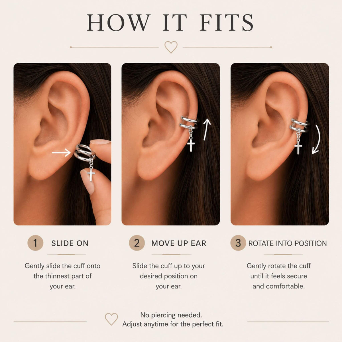 How to wear 925 sterling silver cross ear cuff earrings with no piercing by sliding on, moving up the ear, and rotating into position.