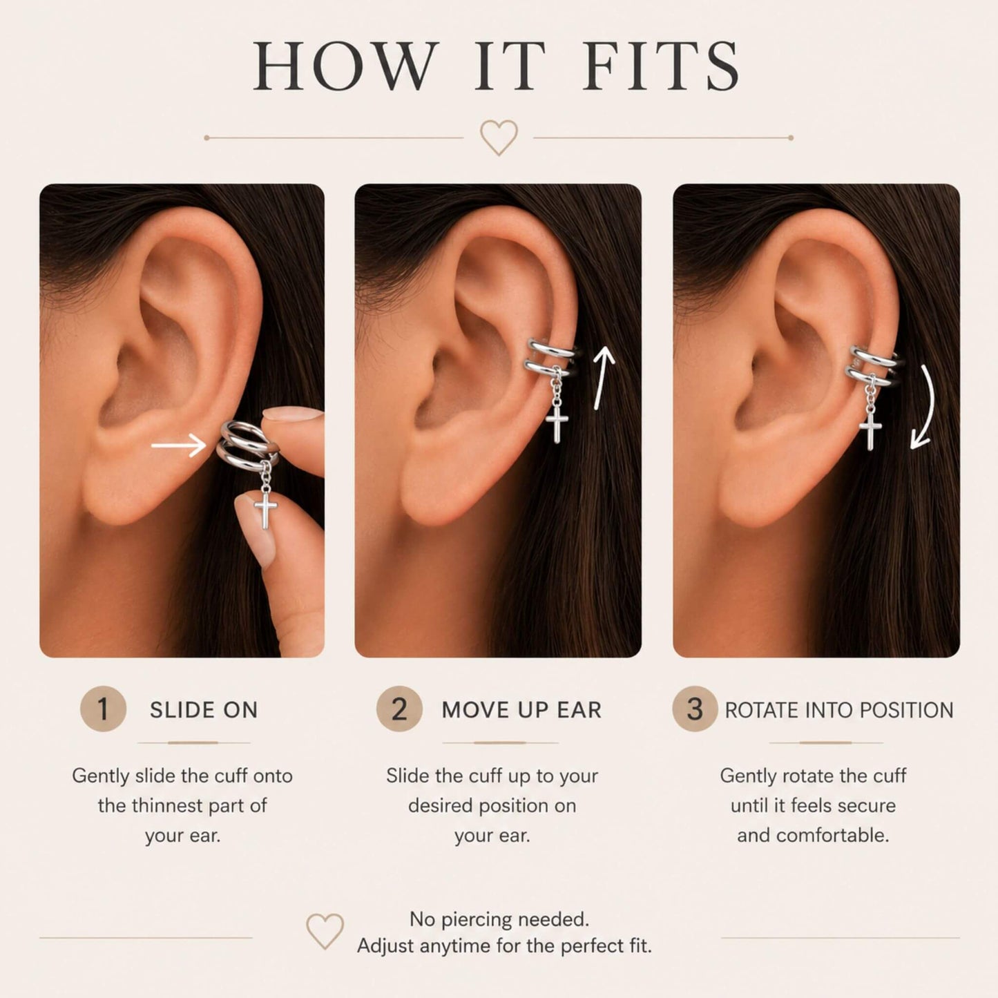 How to wear 925 sterling silver cross ear cuff earrings with no piercing by sliding on, moving up the ear, and rotating into position.