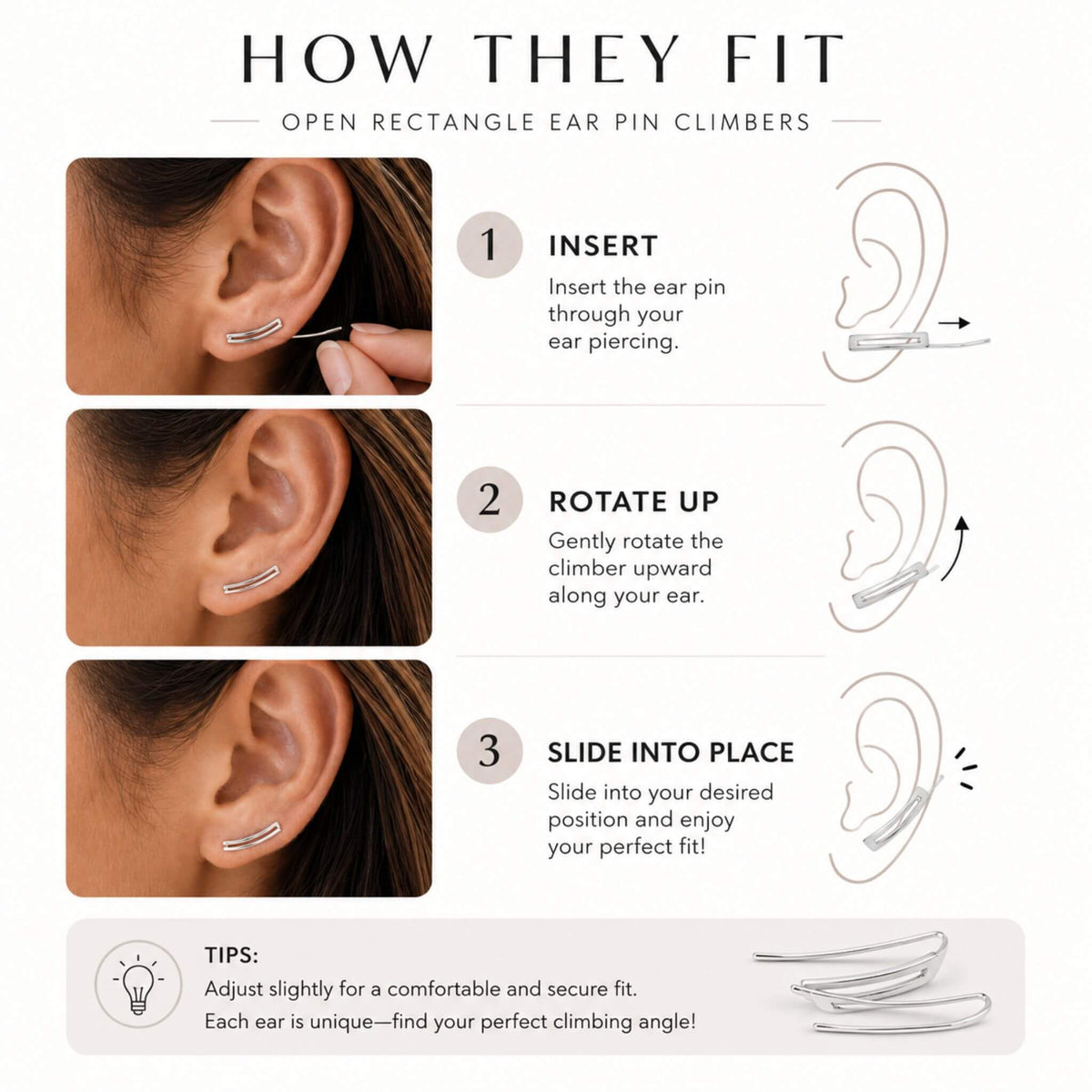 Step-by-step guide showing how to insert and wear sterling silver ear climber earrings.