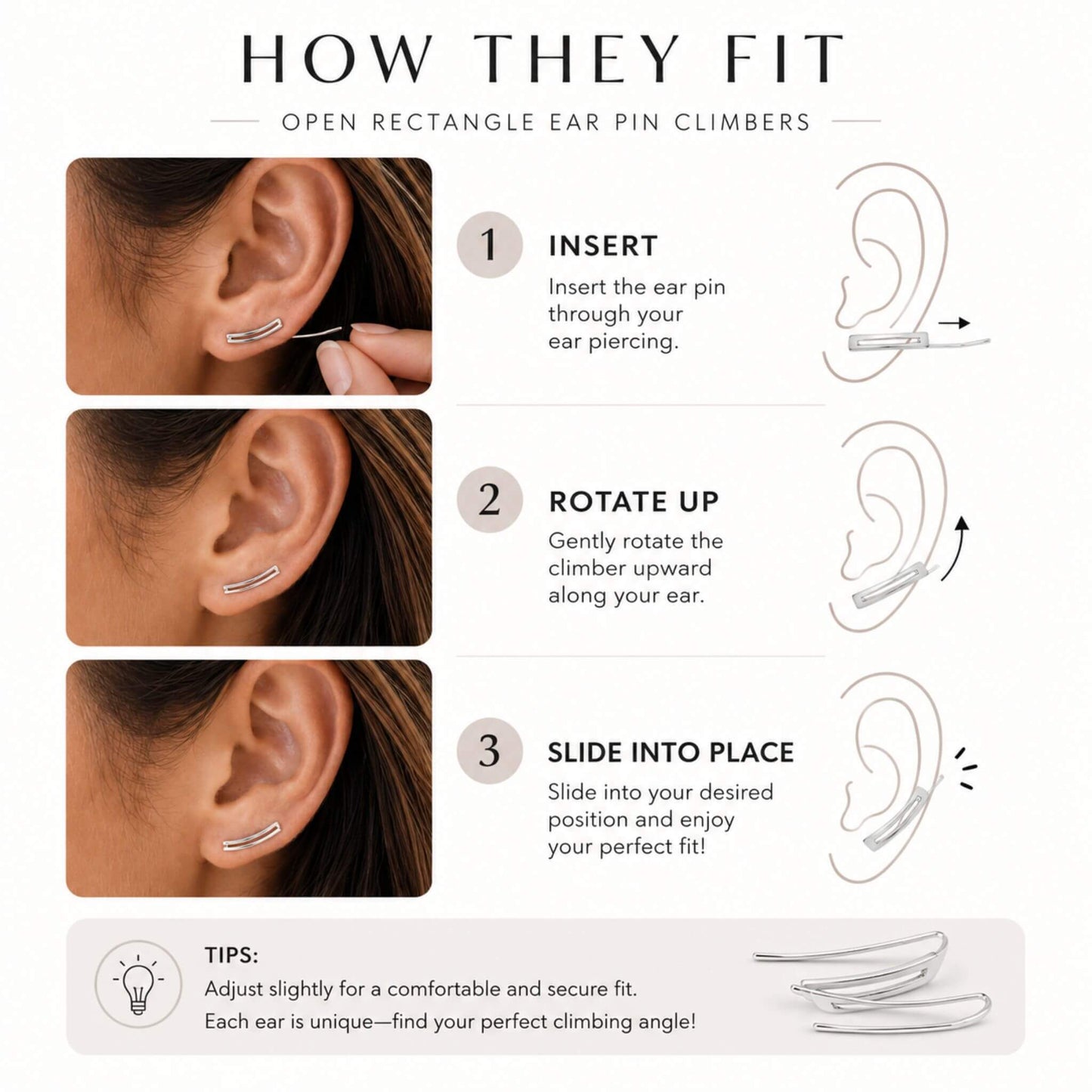Step-by-step guide showing how to insert and wear sterling silver ear climber earrings.