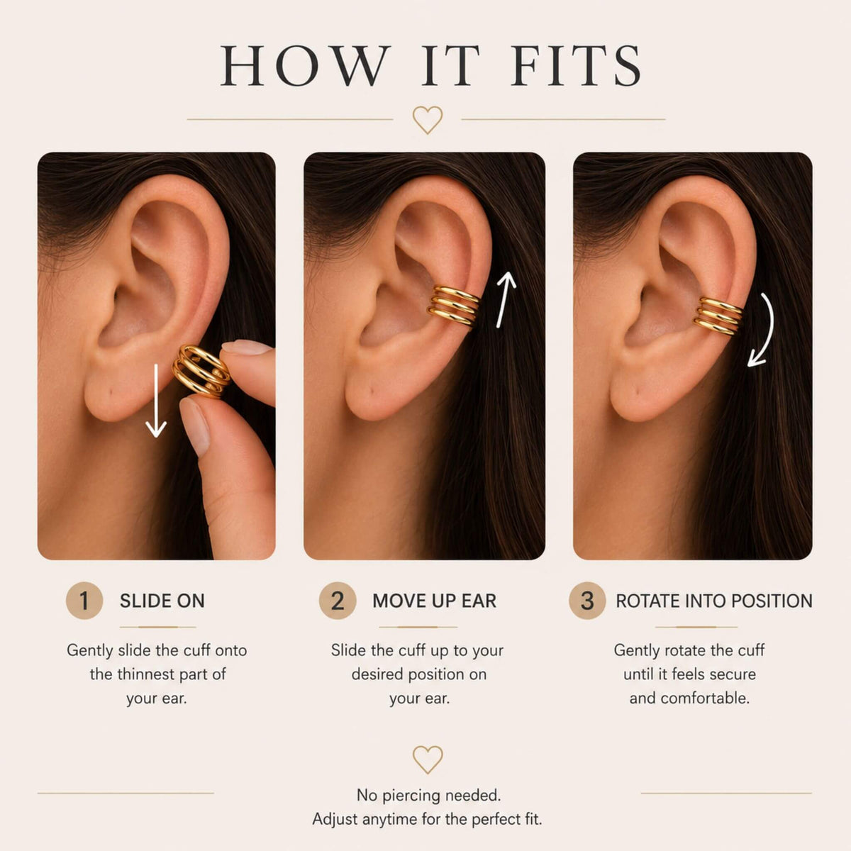 Step-by-step instructions showing how to slide on, adjust, and rotate an 18K gold plated sterling silver ear cuff without a piercing.
