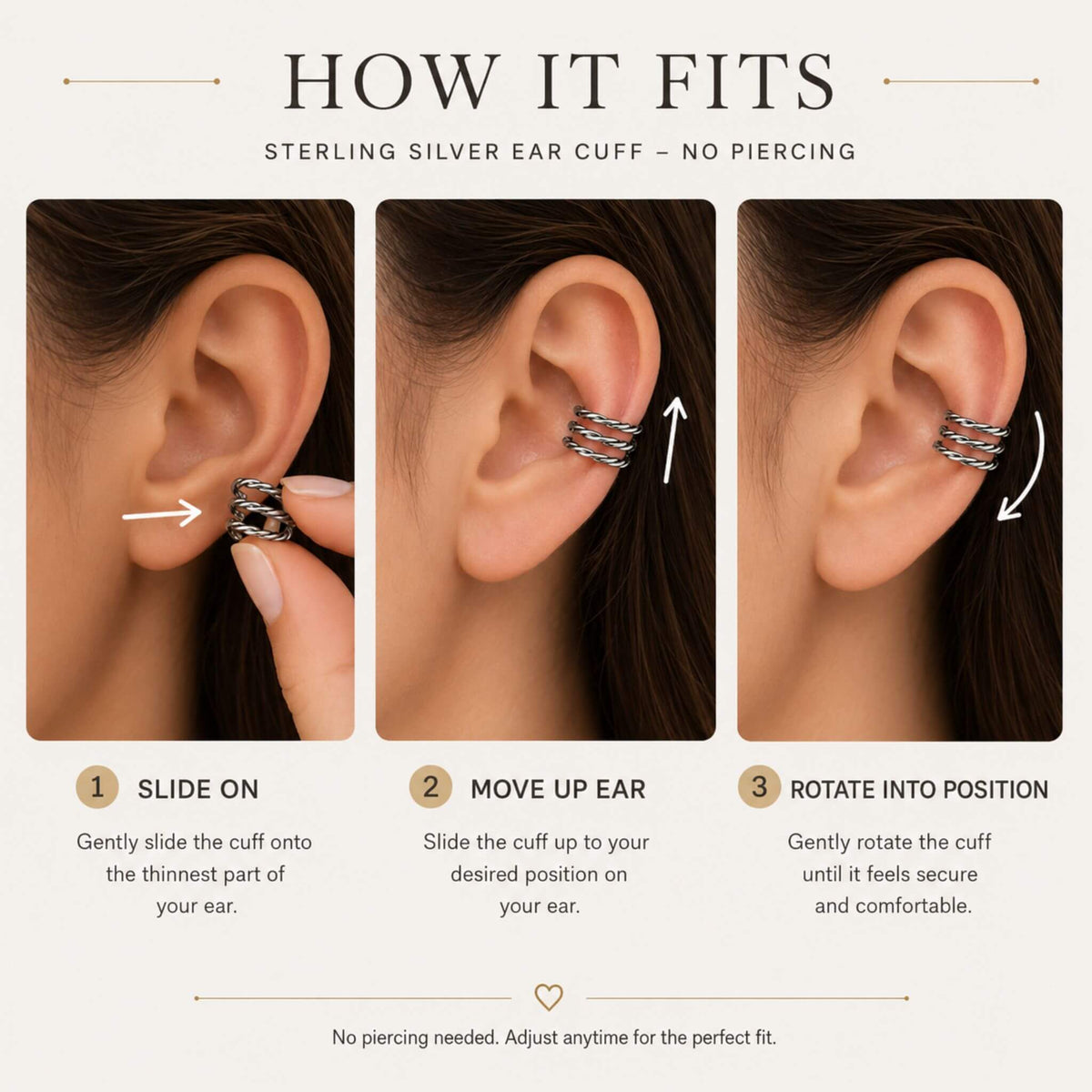 How to wear a sterling silver ear cuff no piercing by sliding on, moving up the ear, and rotating into position.