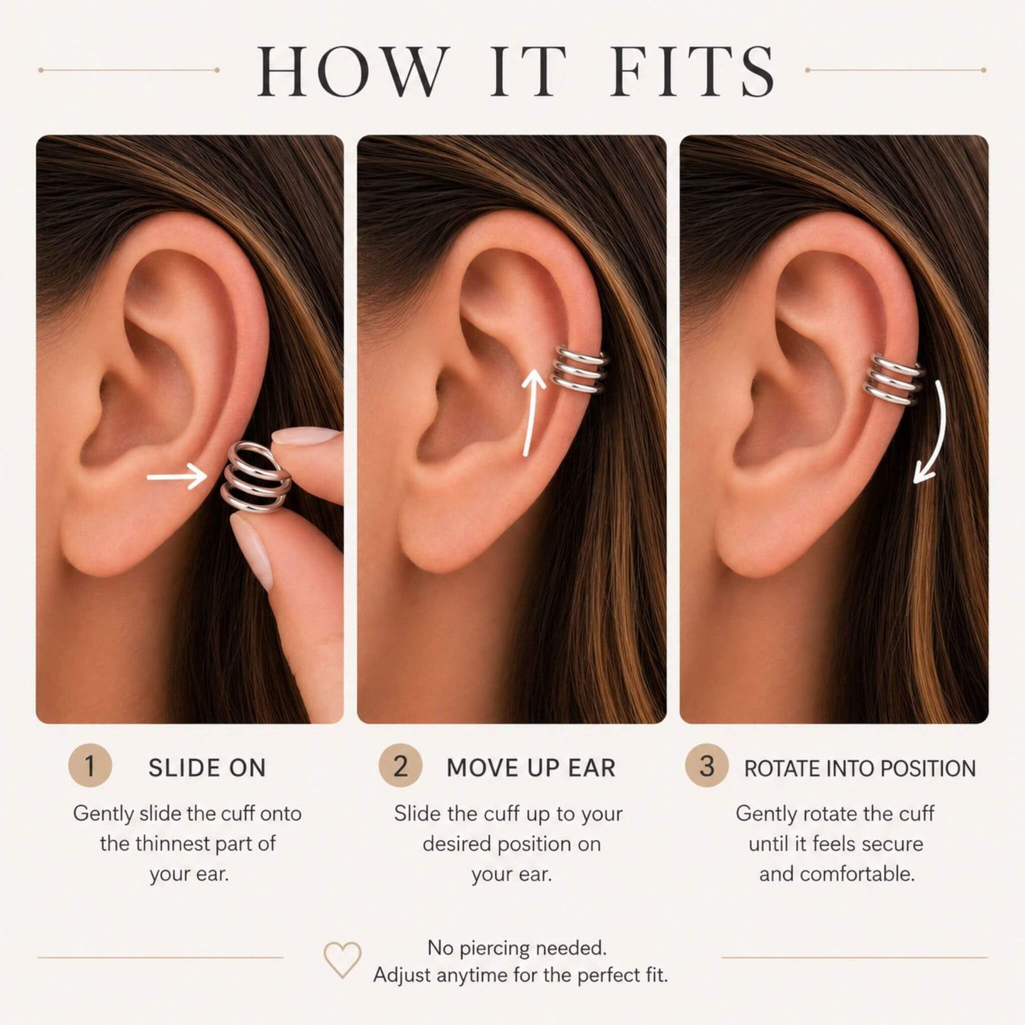 How to wear a Triple Band Sterling Silver Ear Cuff without a piercing by sliding on, moving up the ear, and rotating into position.