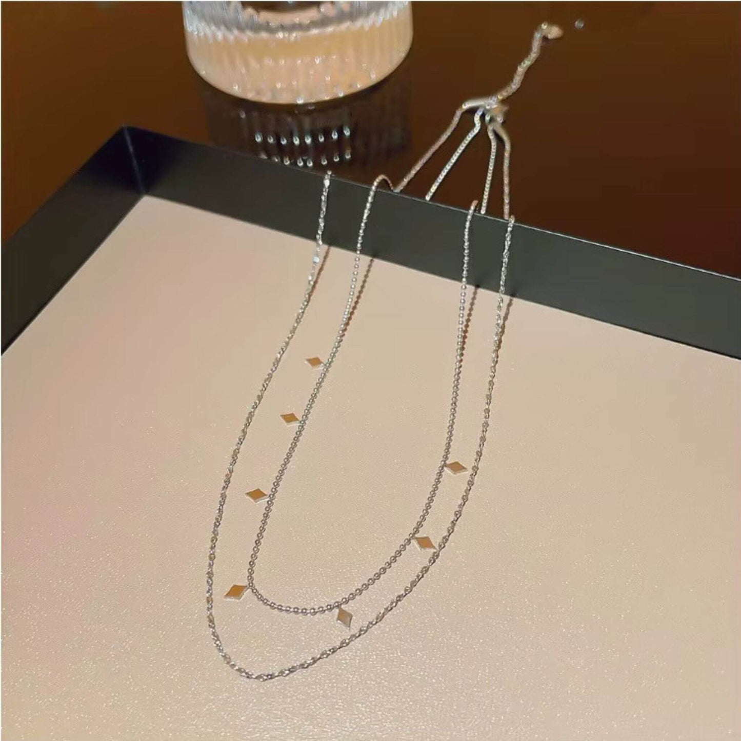 Hypoallergenic stainless steel silver necklace with geometric diamonds - includes gift box