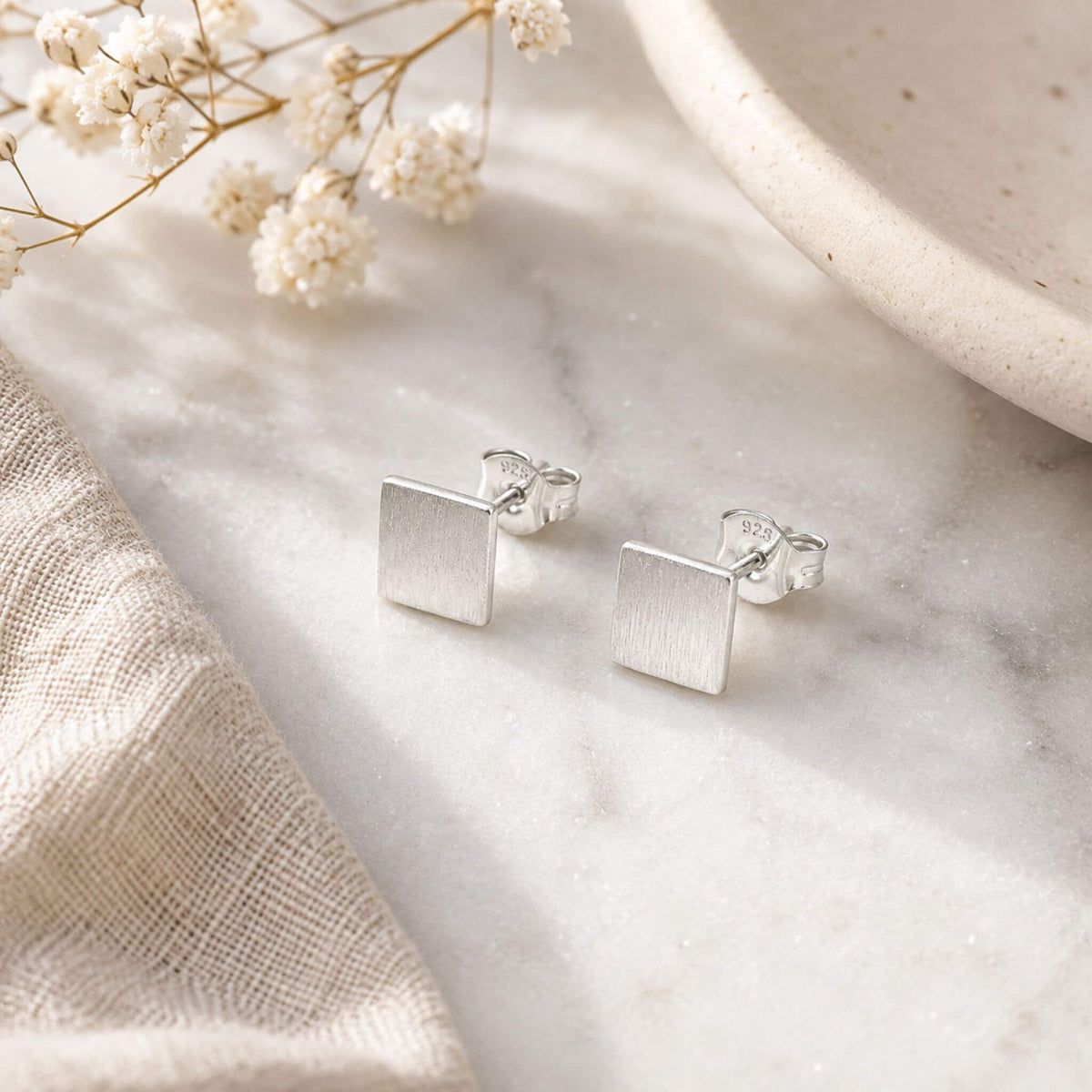 Matte silver square stud earrings in 925 sterling silver