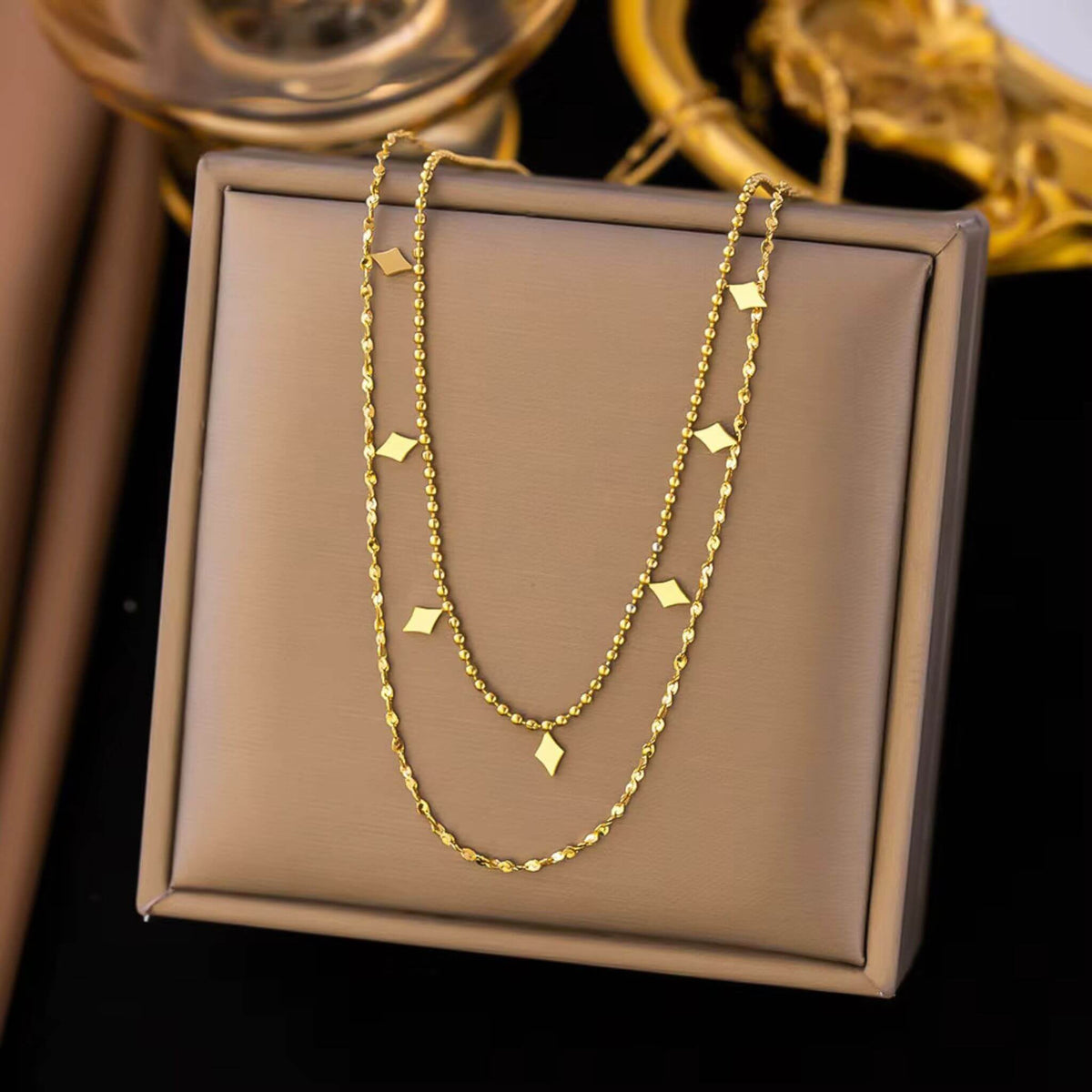 Dainty 16" + 18" gold layered necklace with diamond charms - nickel-free minimalist jewelry