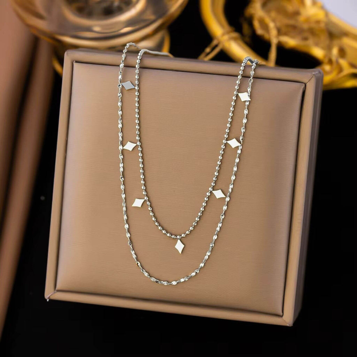 Minimalist 16" and 18" silver layered necklace with diamond charms - perfect for sensitive skin