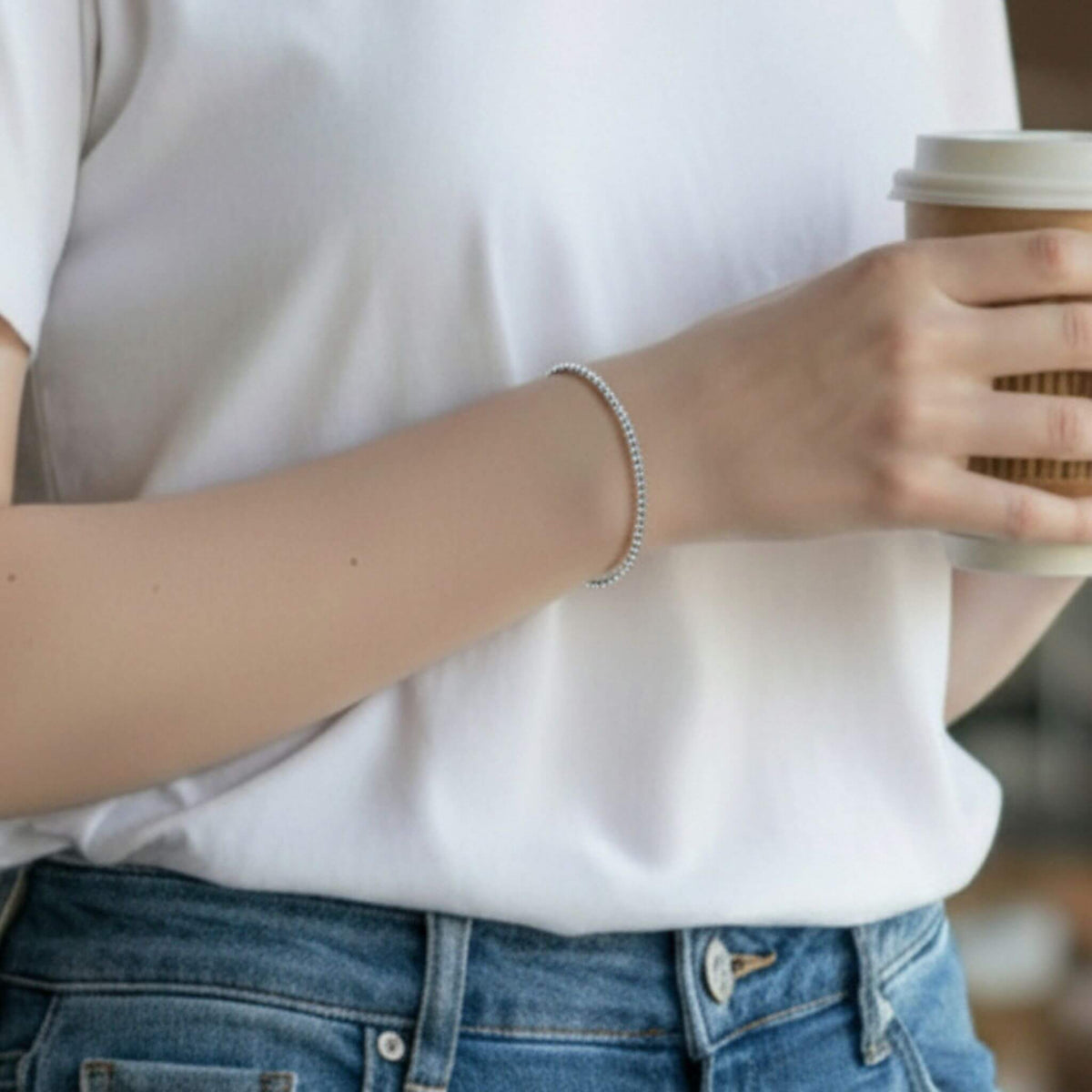 Minimalist sterling silver ball beaded bracelet for everyday wear