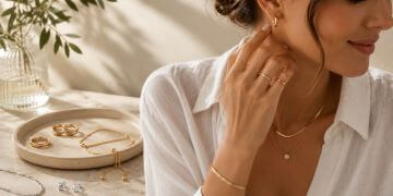 Woman wearing minimalist sterling silver and 18K gold-plated stainless steel jewelry with necklaces, earrings, rings and bracelet in a bright luxury lifestyle setting.