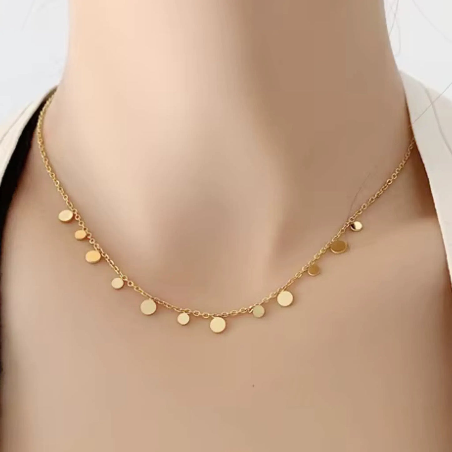 Modern round disc necklace in stainless steel and gold