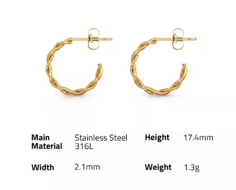 18k gold plated rope twist hoop earrings size and material details 17.4mm 316L stainless steel