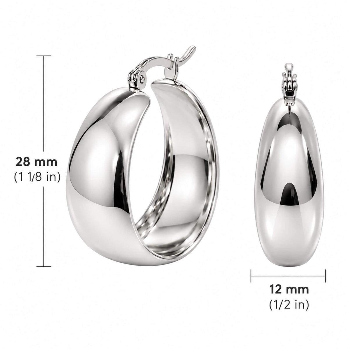 Silver chunky hoop earrings dimensions showing 28mm height and 12mm width