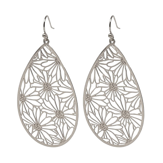 Silver Daisy Teardrop Earrings with shimmering details and delicate daisy accents.