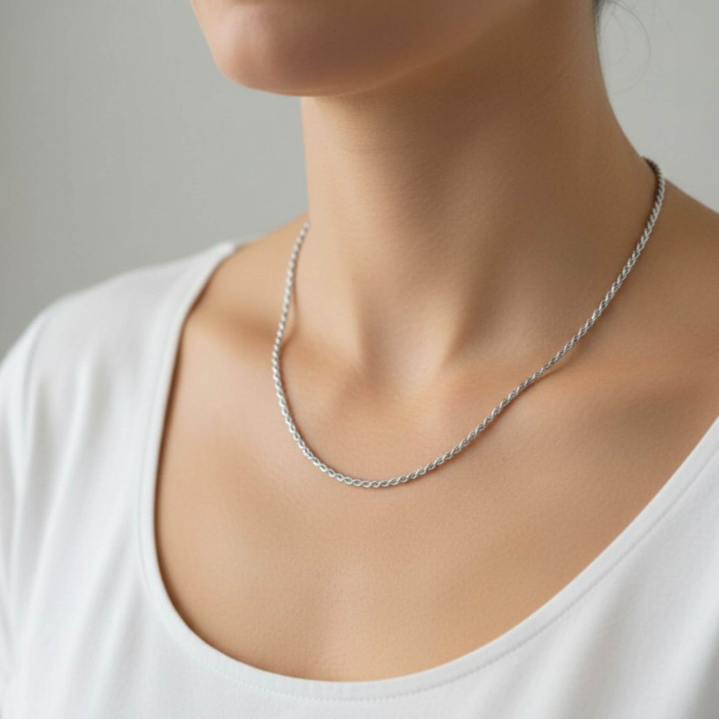 Women's thin silver rope chain necklace 18 inch stainless steel