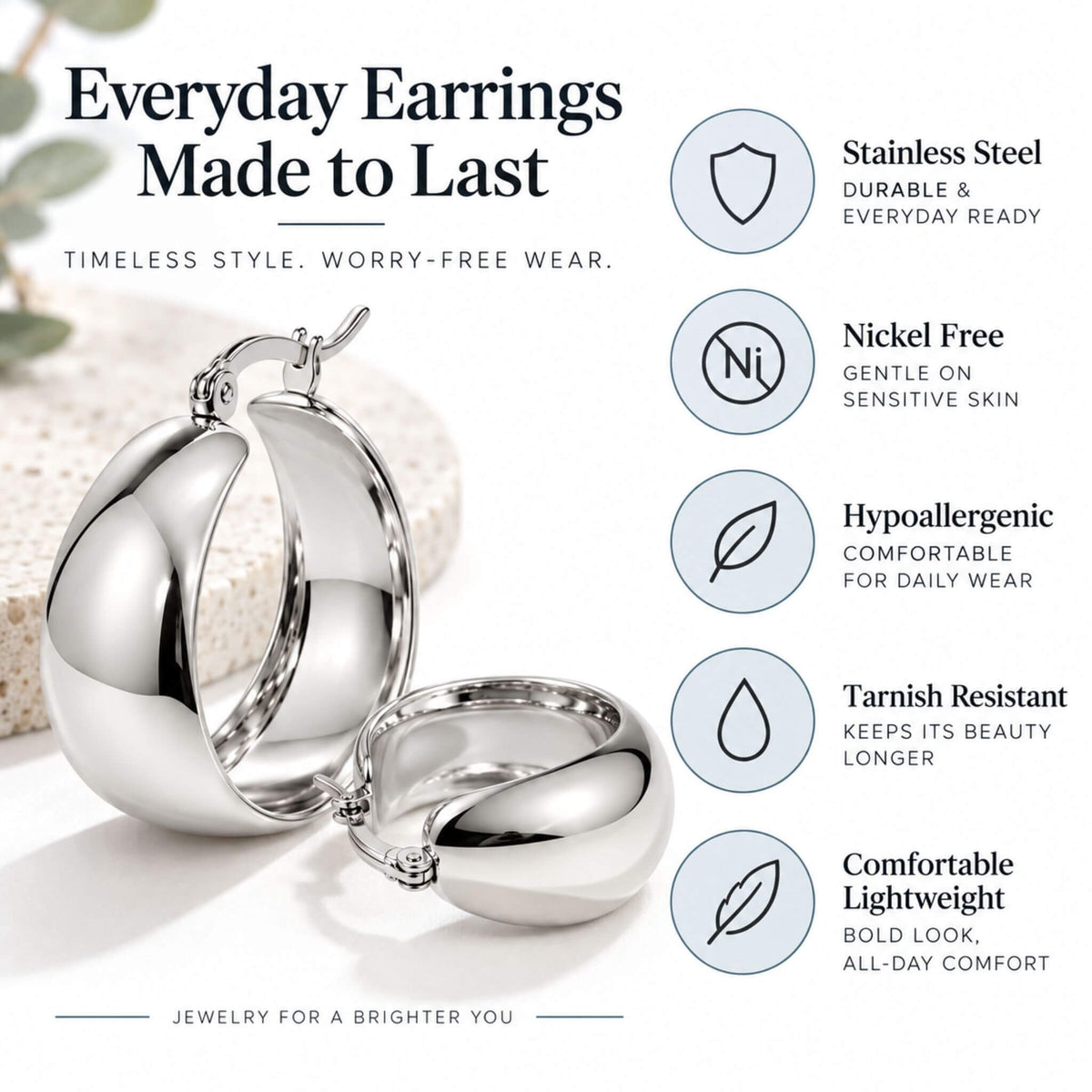 Silver stainless steel chunky hoop earrings with nickel-free, hypoallergenic and tarnish-resistant features