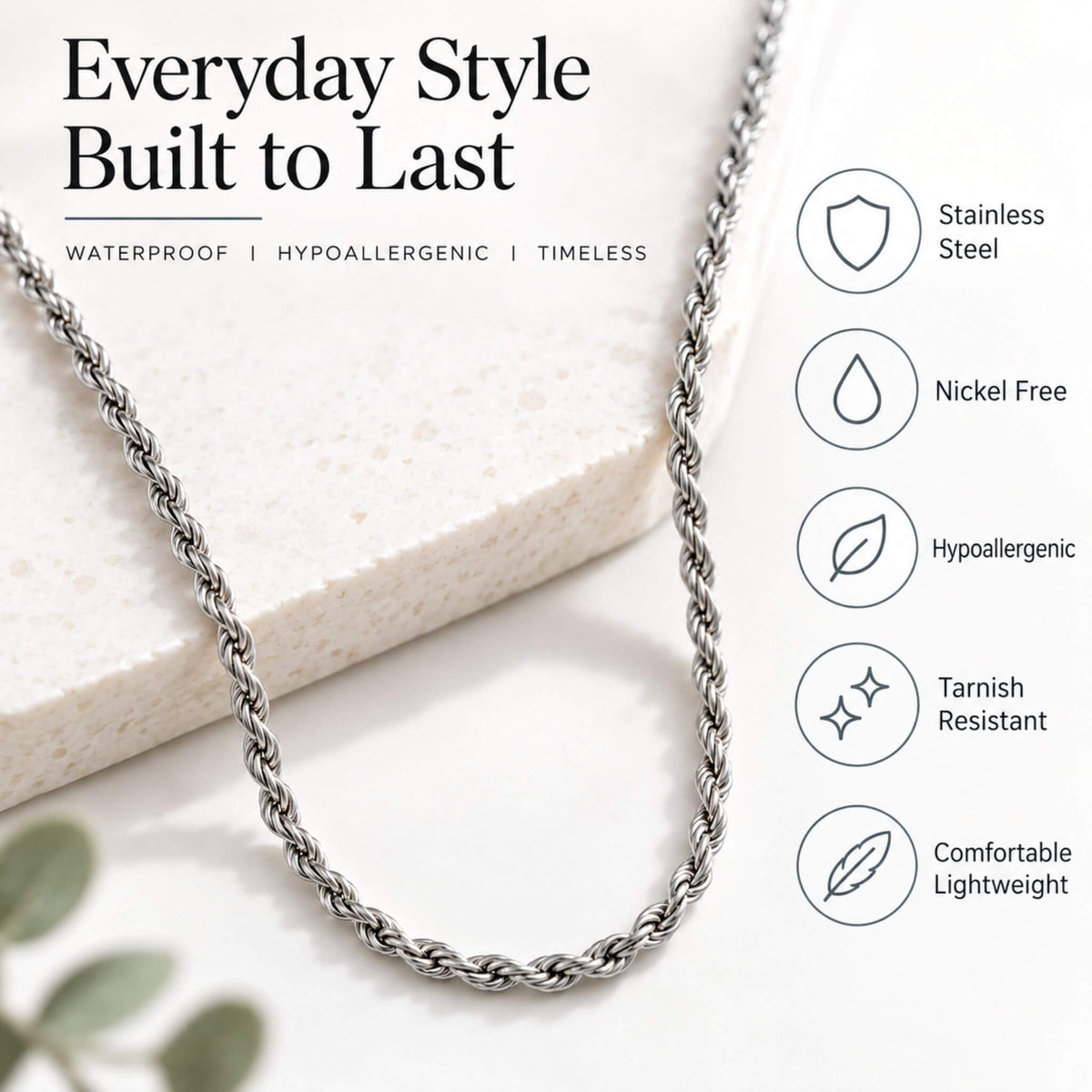 Silver stainless steel rope chain necklace with nickel-free, hypoallergenic and tarnish-resistant features