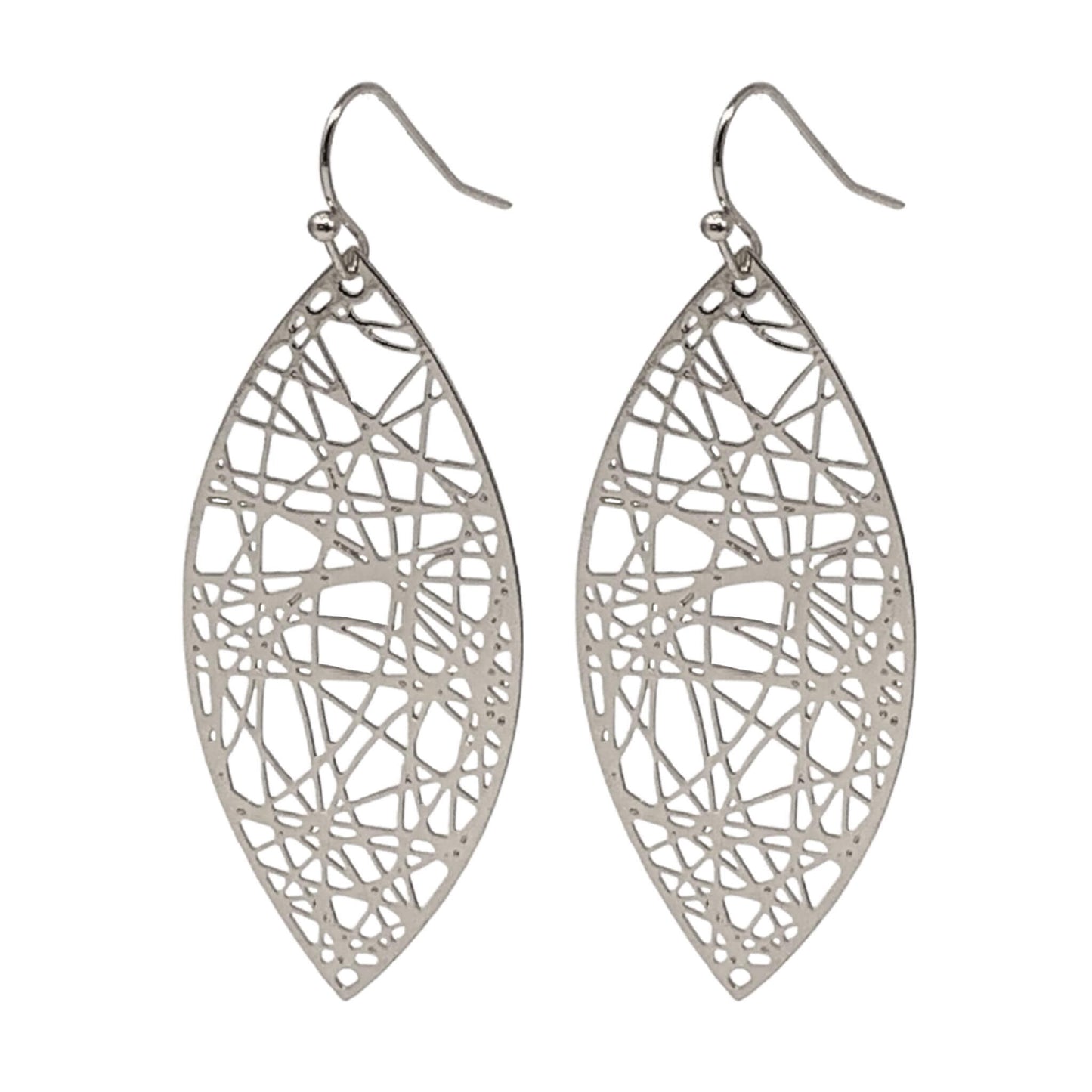 Silver teardrop earrings, 2.25 inches long, with a unique random line design.
