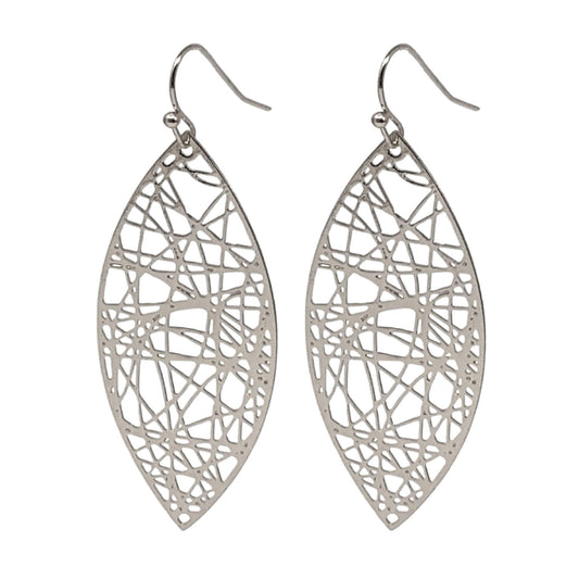 Silver teardrop earrings, 2.25 inches long, with a unique random line design.