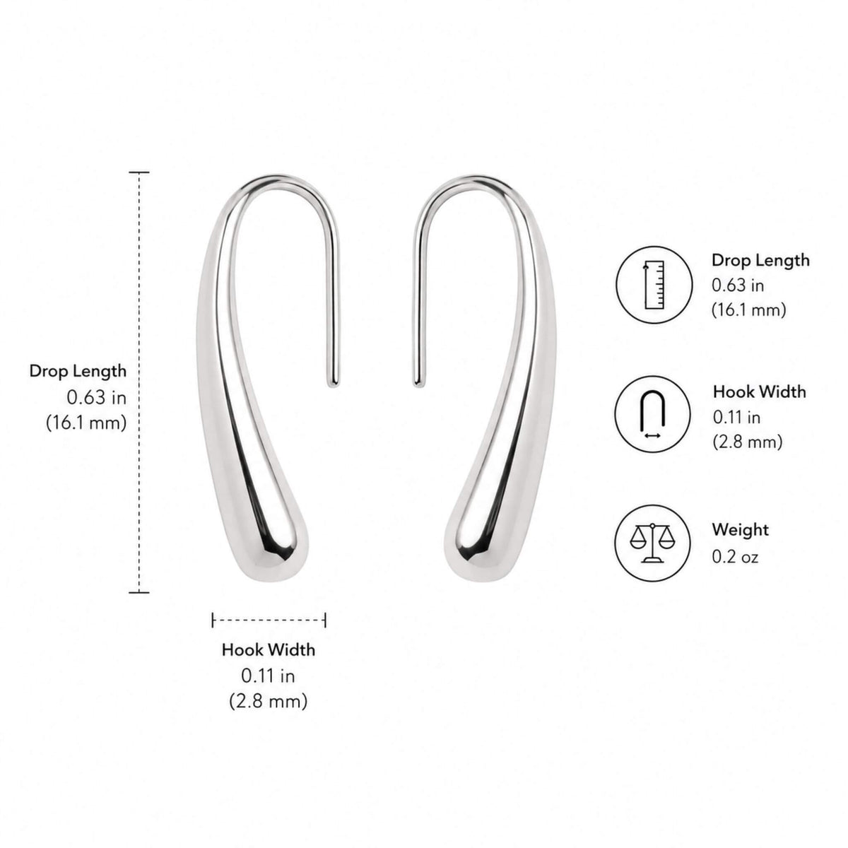 Dimensions of polished silver stainless steel teardrop hook earrings with 0.63 inch drop length, 0.11 inch hook width, lightweight and hypoallergenic.