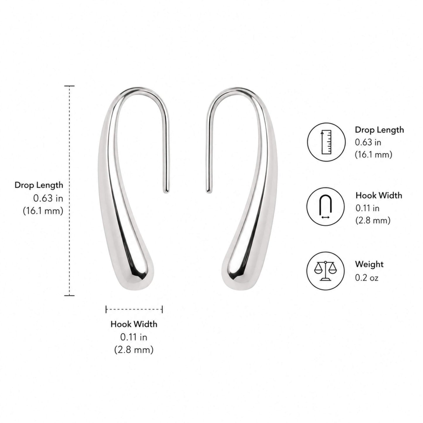 Dimensions of polished silver stainless steel teardrop hook earrings with 0.63 inch drop length, 0.11 inch hook width, lightweight and hypoallergenic.