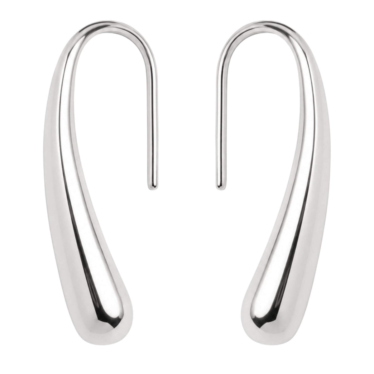 Polished silver teardrop hook earrings in hypoallergenic stainless steel with a modern minimalist design.
