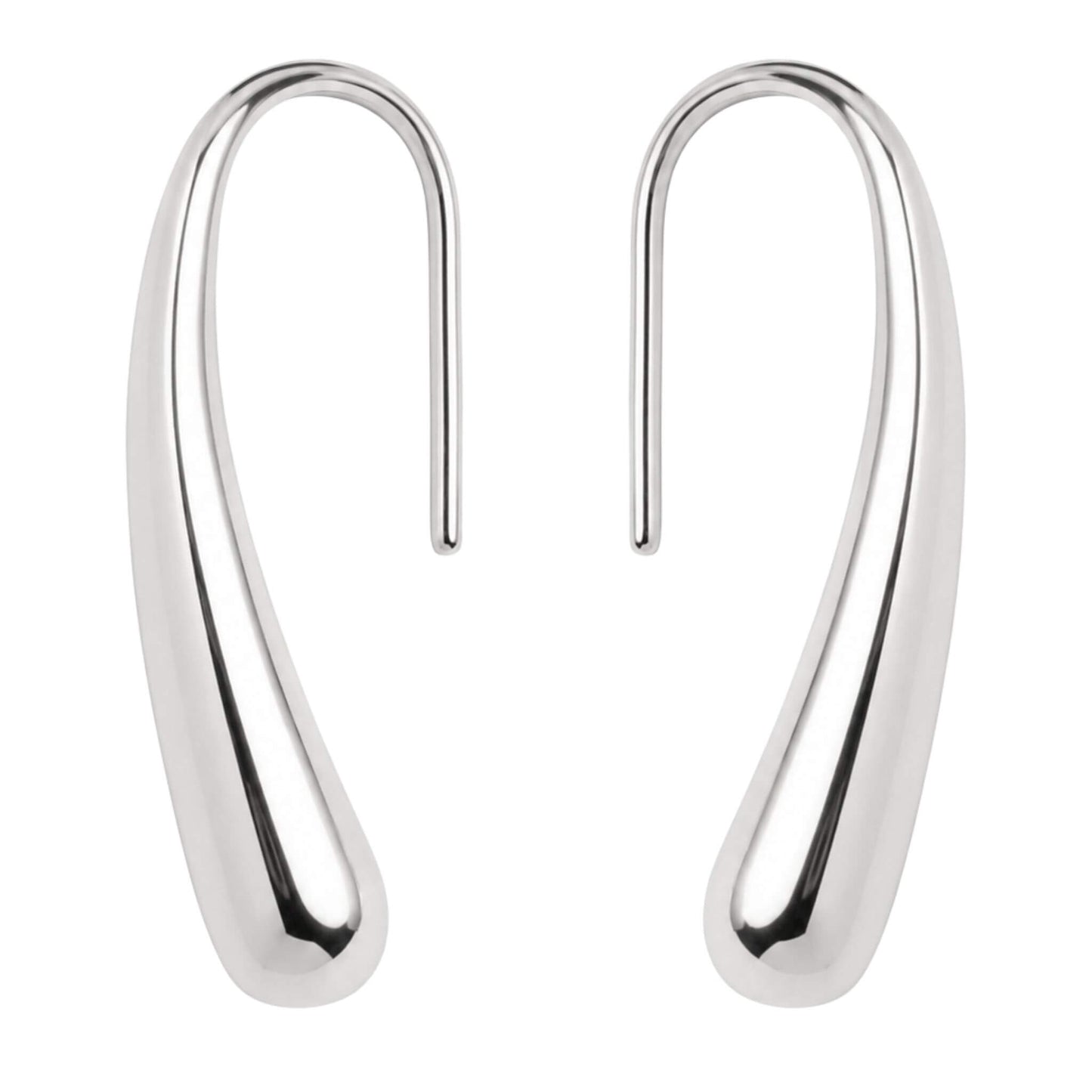 Polished silver teardrop hook earrings in hypoallergenic stainless steel with a modern minimalist design.