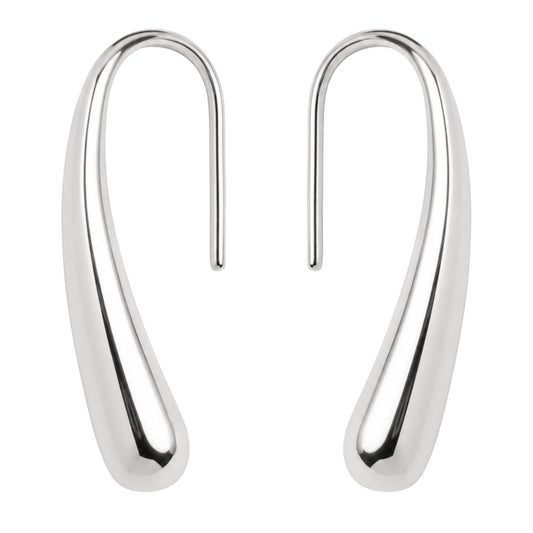 Polished silver teardrop hook earrings in hypoallergenic stainless steel with a modern minimalist design.