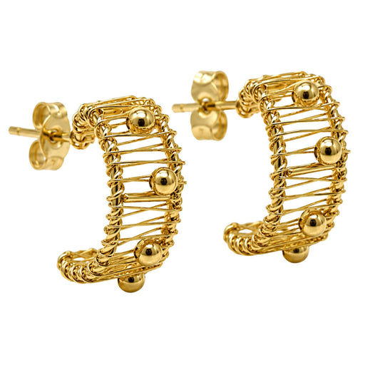 Small gold hoop earrings in 14K gold plated sterling silver with wire wrapped design and gold bead accents
