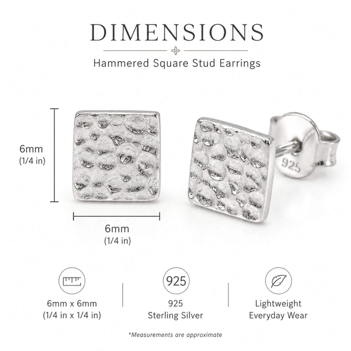 6mm sterling silver square stud earrings with push-back closure and hammered finish