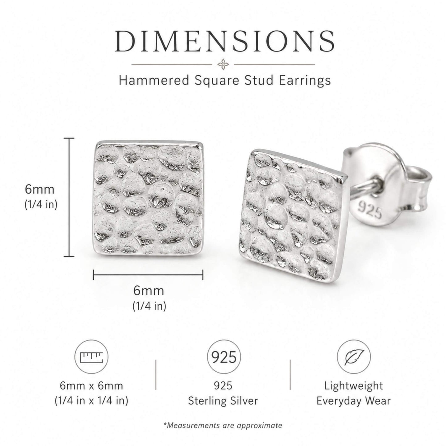 6mm sterling silver square stud earrings with push-back closure and hammered finish
